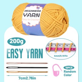 200g Yarn for Crocheting, Crochet Yarn, Beginner Yarn for Crocheting with Easy-to-See Stitches, Stitch Marker, Big Eye Blunt Needle, Easy Yarn for Beginners (Dark Yellow)
