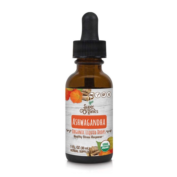 Super Organics Ashwagandha Liquid Drops | Organic & Vegan | Stress Relief | Herbal Extract, 1 Fl Oz