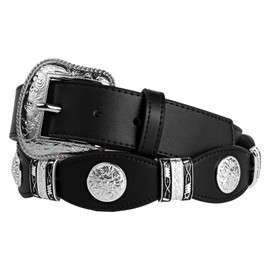 Men's Western Ranger Belt – Full Grain Leather – Scalloped Design, Silver Conchos – Removable Buckle – Cowboy Dress Belt