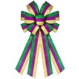 chmacura Mardi Gras Wreath Bow 20 x 11 Inches New Orleans Fat Tuesday Bows Green Purple Golden Stripes Ribbon Bow Carnival Farmhouse Bow Tree Ornament for Home Front Door Decorations