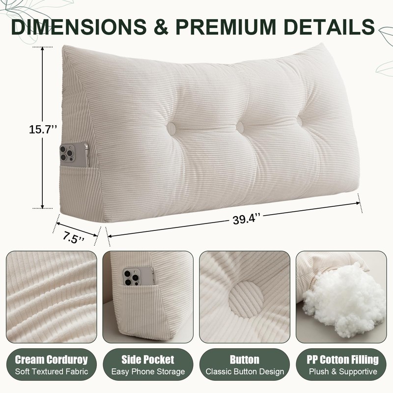 Headboard Pillow Twin/Twin XL, Beige Triangle Wedge Pillow Headboard for