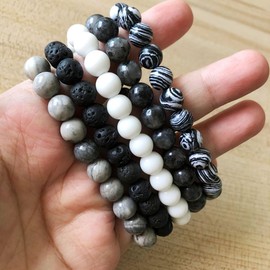 AMOR SPES 5PCS Natural Stone Beads Bracelet Set Turquoise Volcanic Stone Wrap Bracelets Beach Gifts Black White Grey (A)