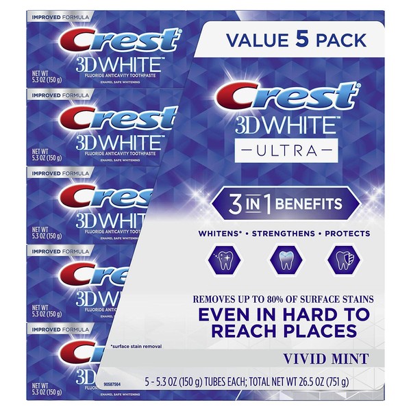 Crest 3D White Ultra Whitening Toothpaste, Vivid Mint, (5.3 Ounce, 5 Pack)