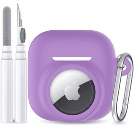 LDSXAY 2 in 1 Silicone Case Compatible with AirPod 4 and AirTag, Shockproof Protective Skin Cover for AirPods 4th Generation with Cleaner Kit & Carabiner (Purple)