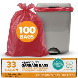 PlasticMill 33 Gallon Garbage Bags: Red, 1.5 MIL, 33x39, 100 Bags.