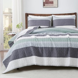 Andency Mint Green Striped Oversized King Quilt Set, 3 Pieces (1 Quilt and 2 Pillowcases) Patchwork Bedspread Coverlet Set, Soft Lightweight Quilted Bedding Set（Super King-120x120Inch