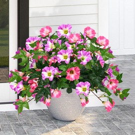 4Pcs Morning Glory Artificial Flowers for Outdoors with 120 Blooms, Faux Silk Flowers for Outside, UV Resistant Fake Petunias Plants for Hanging Baskets Fence Patio Balcony Garden Cemetery