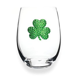 THE QUEENS' JEWELS Shamrock Jeweled Stemless Wine Glass, 21 oz. - Unique Gift for Women, Birthday, Cute, Fun, St Patricks Day, Not Painted, Decorated, Bling, Bedazzled, Rhinestone