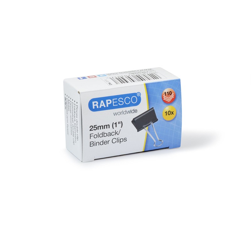 Rapesco FBC250B1 25 mm Foldback Clips, Black, Pack of 10