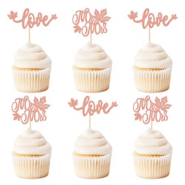 Ercadio - Paquete de 24 adornos para magdalenas, diseño de otoño y otoño, amor de Miss to Mr con purpurina, diseño de hojas de arce, para decoración de pasteles, decoración de bodas, fiestas