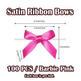 Twist Tie Bows, 100 Packs Satin Bows for Treat Bags Candy Bags Bakery Bags, Pre-Tied Ribbon Bows Gift Bows for Gift Wrapping Packaging, Wedding, Baptism, Tableware Decor Party Decoration (Hot Pink)