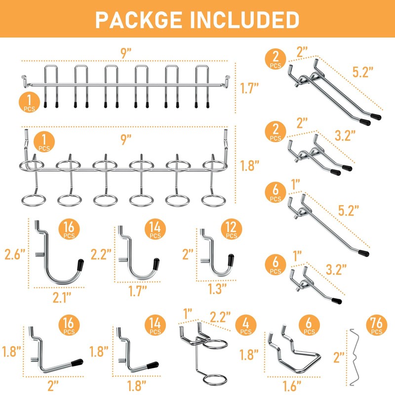 INCLY 176PCS Extra Thick Pegboard Hooks, 1/4" Heavy Duty Metal