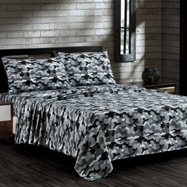 Chezmoi Collection Military Camo 3-Piece Sheet Set - Camouflage Black Gray Printed Microfiber Soft Breathable Deep Pocket Sheets and Pillowcases Set, Twin XL Size