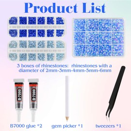 ASTARON Blue Resin Rhinestones for Crafting, 2mm-6mm Mixed Flatback Resin Gemstones for Crafts Gems Bulk Jelly AB Bedazzling Diamonds with Glue for Nails, Tumblers, Mugs Decoration