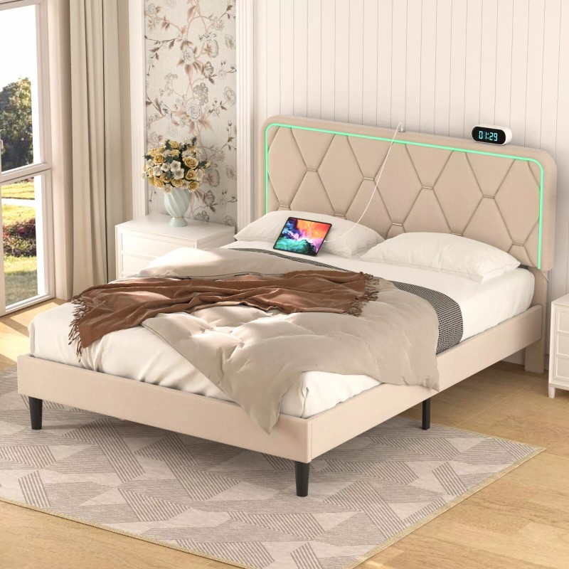 Vecelo Bed Frame with LED Light USB Ports Queen Full
