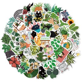 50PCS Cat and Plant Sticker Pack Cute Cat Designs with Plants, Flowers, and Nature Themes for Laptops, Water Bottles
