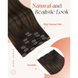 Sunny Hair Clip in Hair Extensions Straight Human Hair Clip in Extensions Remy Clip in Hair Extensions Real Human Hair Extensions Clip ins Dark Brown Ombre Medium Brown Balayage 16inch