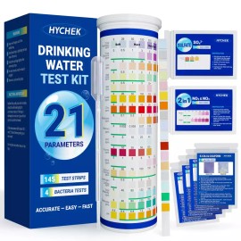 Hycheck HYCHEK 21 in 1 정확한 식수 테스트 키트 145 스트립 4 박테리아 우물 및 수돗물 납 불소 염소 경도 pH 철 HYCHEK 21 in 1 Accurate Water Test Kit 145 Strips 4 Wells for Bacteria Lead Fluoride Chlorine Hardness pH Iron