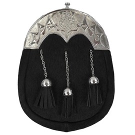 The Scotland Kilt Company Full Dress Kilt Sporran in Black Cow Hide with Thistle Cantle - Waist Pack with Chain Belt for Highland Outfit - One Size