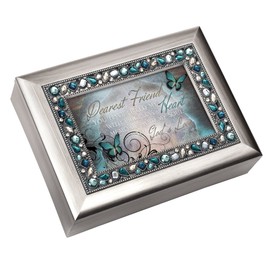 Cottage Garden Dearest Friend Brushed Silver Finish Decorative Jewel Lid Musical Jewelry Box - Plays How Great Thou Art