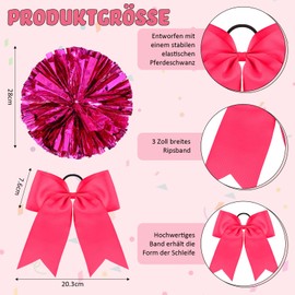 Sinmoe Sinmoe 4er Set Karneval Cheerleader Kostüm Zubehör 2 Cheerleading Pompons aus Metallfolie 1 Groß Haarschleife Cheerleader Haar Bögen 1 Paar Sport Therme Kniestrümpfe für Tanz Wettbewerb (Rosenrot)