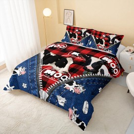 QOOMO Cow Milk Grid Comforter Full Size,Cow Grid Kids Comforter Set, Cow Milk Grid Printing Bedding Ultra Soft，Ultra Comforter 3 Piece Bedding Set Contain 1 Comforter Set 2 Pillowcases
