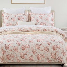 DAUAOTO Duvet Cover Queen Size Set - 90"x90" Cover + 2 Shams, 100% Cotton Print Bedding Sets, Toile Rose Floral Pattern, Pale Red