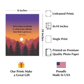 All We Have To Decide - Author Inspirational Landscape Quotes Wall Art, J.R.R. Tolkien Literary Mountain Sunset Wall Decor Print For Office Decor, Classroom Decor, or Library Decor, Unframed - 8x10
