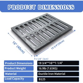 Cast Iron Drain Grate, 16 * 20in Outdoor Drain Cover, B125 Class Ductile Iron Channel Drainage Grates, Heavy Duty Sewer Grate,Black Rectangle Drain Grate for Yard,Driveway,Concrete Floor.