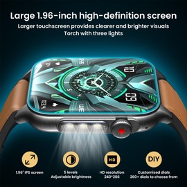 Smart Watches for Men Android iOS Phones: Smartwatch Men Black Leather Band Fitness Tracker Waterproof with Flashlight 1.96" Touchscreen Answer/Make Bluetooth Call Sport Heart Rate Sleep Alarm Timer