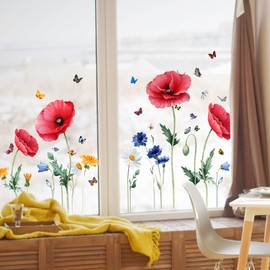 Mestiker Wall Sticker, Pink Flower, Poppy Flower, Plant, Flower, Butterfly, Diy Wall Sticker, House Plant, Wall Sticker, Window, Landscape, Removable, Stylish, Wall Sticker, Painting, Waterproof, Wall