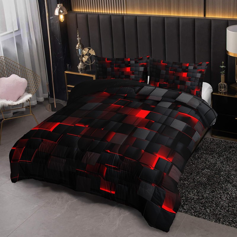 Nttopship Neon Red Black Comforter Set Full Geometric Kids Bedding