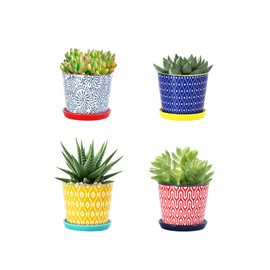 Selamica Ceramic Succulent Pots, 3.4 Inch Small Pots for Plants with Drainage Holes and Saucers, Succulent Planters for Indoor Plants, Cactus, Home Decor, Set of 4, Assorted Colors