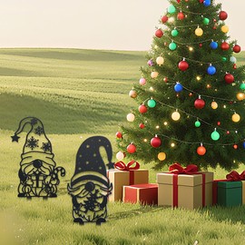 GLOBLELAND 2 Packs Christmas Gnomes Garden Stakes Gnomes Christmas Tree Metal Decorative Garden Stakes Snowflakes Metal Yard Signs Xmas Decorations for Holiday Lawn Patio Yard Decor