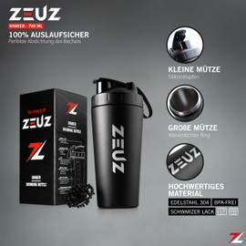 ZEUZ Stainless Steel Protein Shaker Cup - Sport, Fitness, CrossFit & Training Blender Bottle - Protein, Smoothie & Protein Shaker - BPA-Free - 700 ml - Matte Black