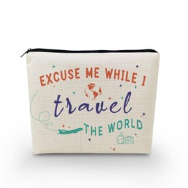 YULUENZE World Travel Makeup Bag Airplane Toiletry Organizer Zipper Pouch Excuse Me While I Travel The World Canvas Cosmetic Bag Present for Aviator Flight Attendants Aircraft commanders Women