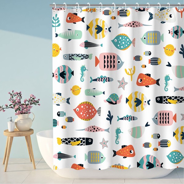 RosieLily Fish Shower Curtain, Kids Bathroom Shower Curtain Cartoon Shower