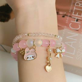 FORUBUS Lovely Cartoon Animals Charms Crystal Beads Stretch Bracelet for Women Teen Girls, Cute Rabbit Dog Beaded Strand Bracelet for BFF Friendship Memorial Jewelry-pink, 2.36 inches