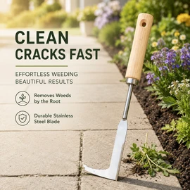 Handheld Crack Weeder Tool for Garden Work – Stainless Steel L-Shaped Blade with Wood Handle for Patio & Driveway Weeds