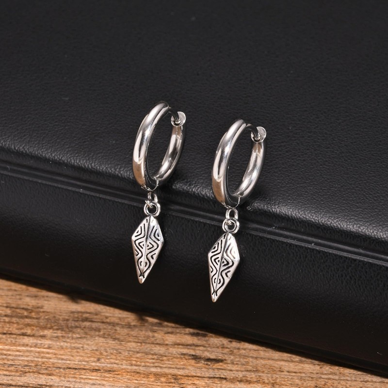 Rockyu Men's Stainless Steel Hoop Earrings for One Ear, Rhombus