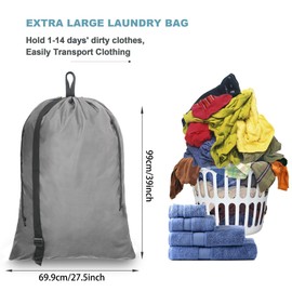 BeeGreen Grey Travel Laundry Bag Large 39" x 27.5" with Adjustable Straps & Handles 2 Pack Dirty Clothes Laundry Backpack Heavy Duty Drawstring Laundry Hamper Bag Machine Washable