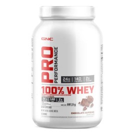 Suplemento en polvo GNC Pro Performance 100% Whey proteínas sabor chocolate supreme en pote de 887.5g