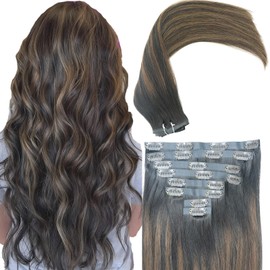 Eufficco Seamless Clip in Hair Extensions Remy Human Hair, 16 Inch 120G, Rooted Natural Black Base Mixed with Chestnut Brown, Balayage Invisible PU Clip In Hair, Skin Weft Human Hair Extensions