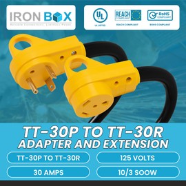 IronBox Electric TT-30P to TT-30R Adapter and Extension - 30A, 125V, 10/3 SOOW - Heavy Duty Plug Connector Adapter Cable - UL Listed Power Cord for Generator, Camper, RV, Travel Trailer and More (1ft)