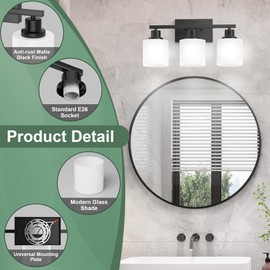 Black Bathroom Lights Over Mirror, Anti-rust Vanity Light Fixture for Bathroom, Modern 3-Light Wall Sconce Light for Living Room, Standard E26 Base, Milky White Glass Shades, Bulbs Not Included