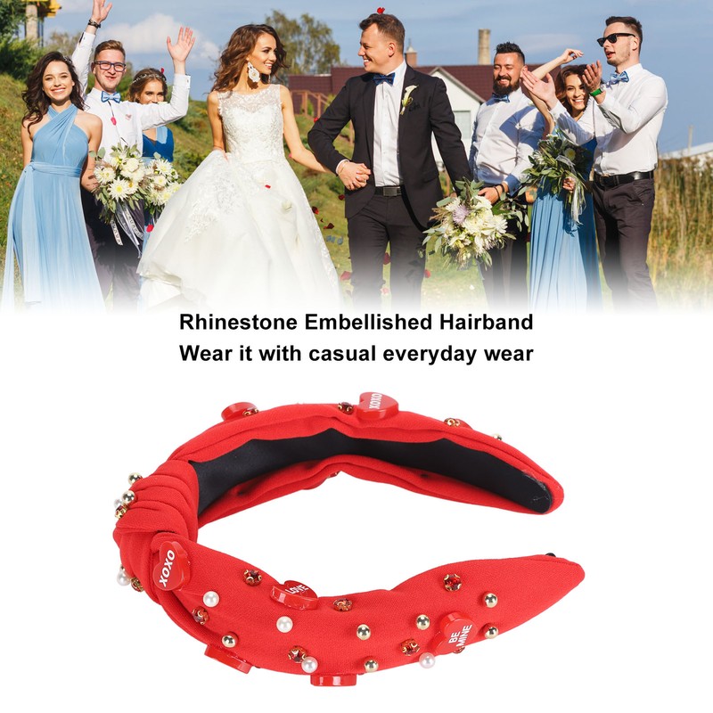 Rhinestone Embellished Knotted Headband Heart Decoration Knotted Jeweled Headband for