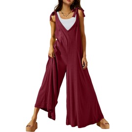 DEEP SELF Jumpsuits for Women Summer Casual Rompers Sleeveless Loose Tie Strap Baggy Overalls with Pockets 2024 (Large, Wine Red)