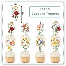 JarThenaAMCS 40Pcs Spring Floral Cupcake Toppers Vintage Wildflower Cupcake Picks Colorful Flower Food Picks for Spring Birthday Dessert Decorations