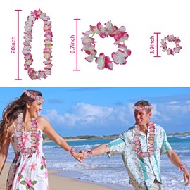 Leis for Luau Party, 8 Pcs Hawaiian Leis Flower Single Color, Necklace Headband Wristband, Beach Party Favors Flamingo Floral Orange White Blue Accessories for Women Men (Pink 8Pcs=2Sets)
