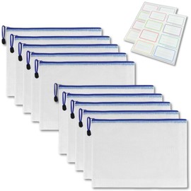 HINH B6 Zippered File Bags with Label Stickers, Translucent PVC, Waterproof, Receipts, Files, Office Supplies, Documents, Organization, Storage, Multi-Purpose, Mesh (Set of 10)